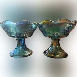 Iridescent Green and Blue Carnival Glass Candle Holder Pair with Grape Motif